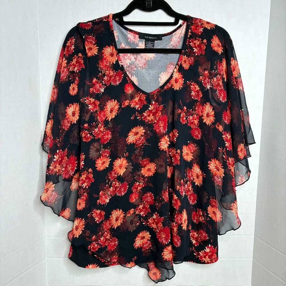 Liz McCoy Black Orange Floral Women's Overlay Blouse Large Travel Office - Picture 1 of 7